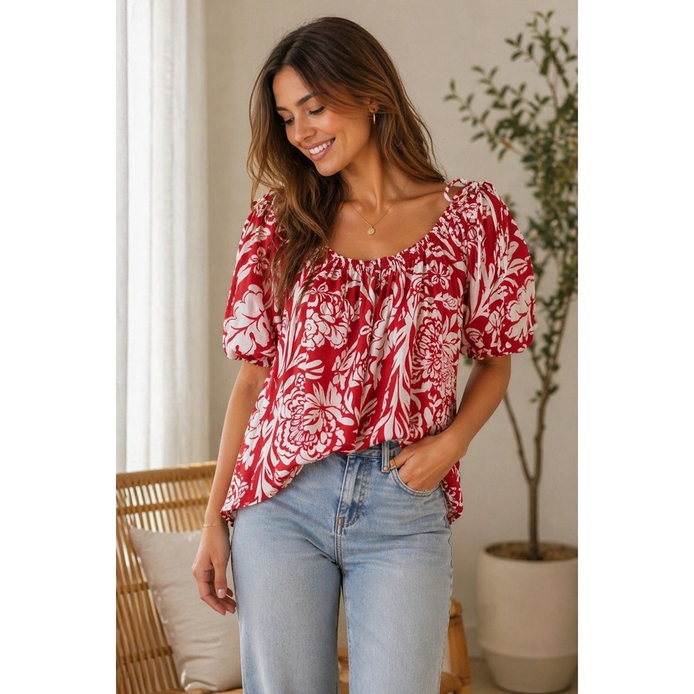 Knox Rose XS Red White Floral Boho Peasant Top On Off Shoulder Puff Sleeve Rayon